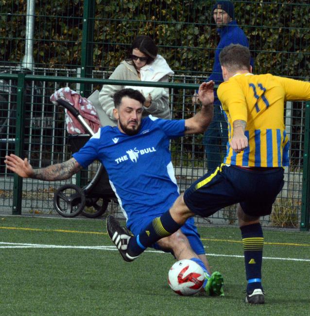 Hayden Dimond - scored twice for Merlins Bridge before the striker saw red